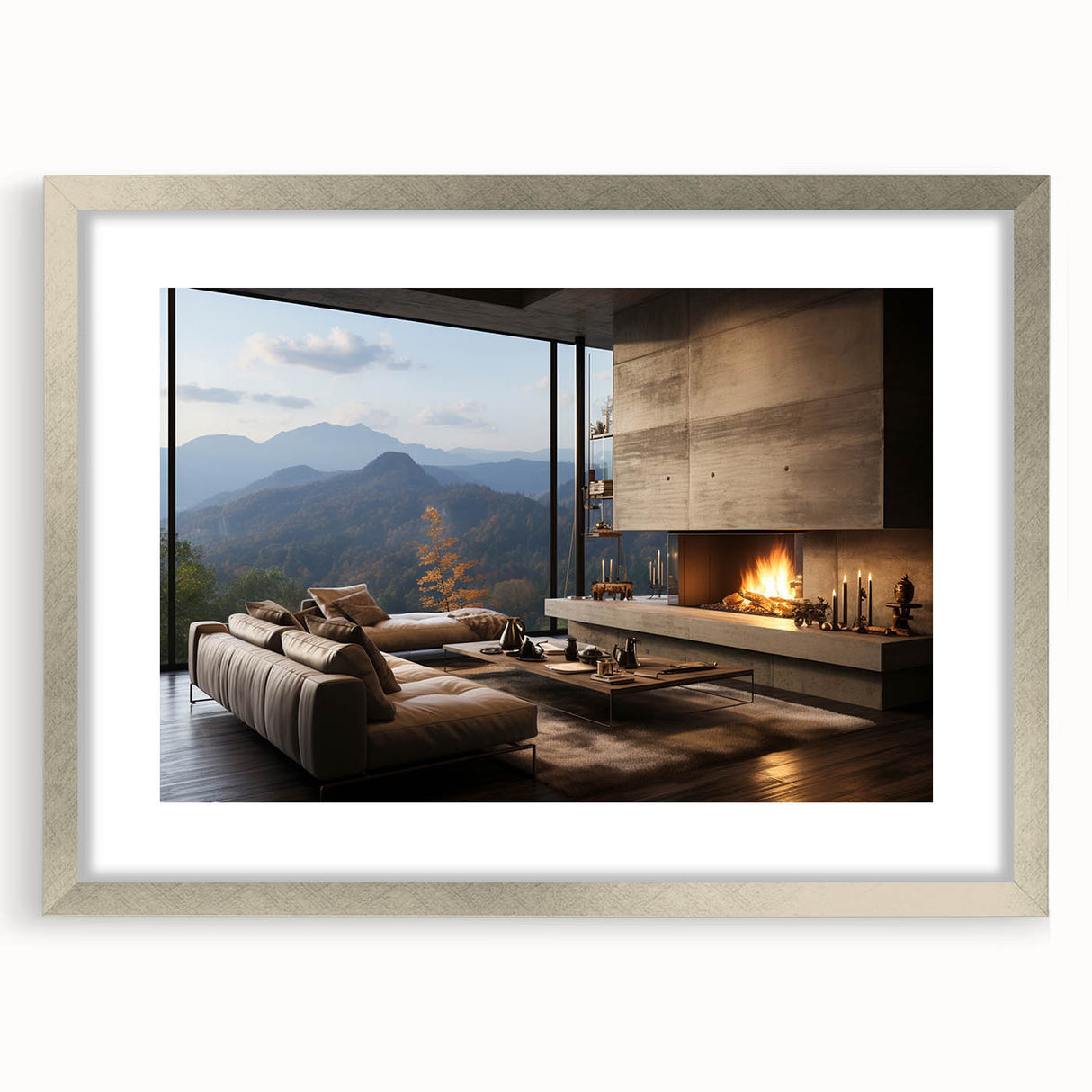 Textured abstract art print in muted gray and blue tones on a framed canvas, ideal for modern bedroom ambiance.