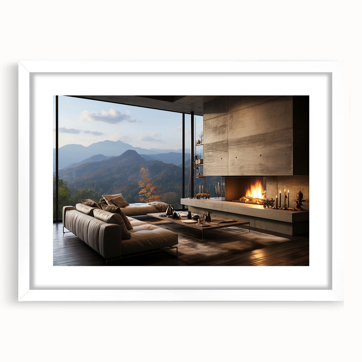 Abstract art print featuring swirling blue and gray patterns on a white framed canvas.