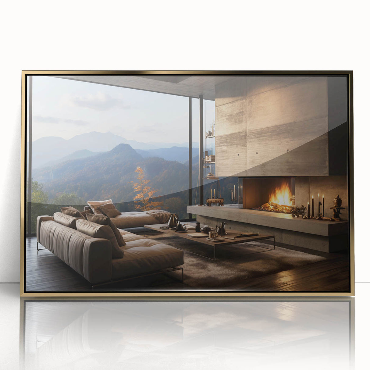 Large art print of a mid-century modernist cityscape in muted gold and black tones, framed in acrylic.