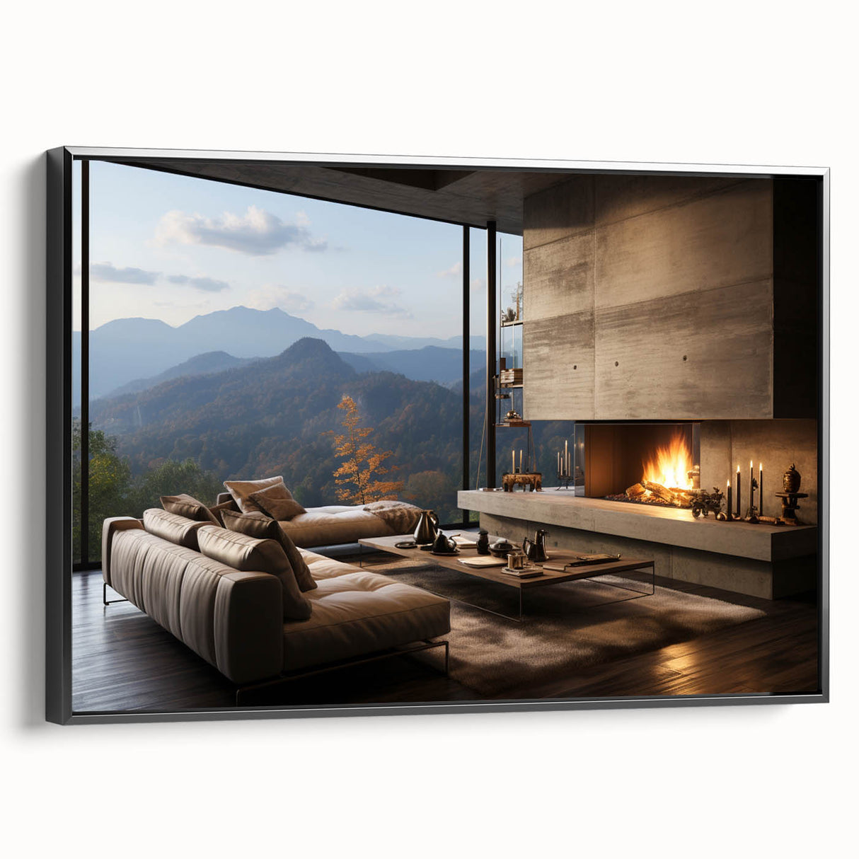 Black and white framed canvas of a vintage landscape painting, ideal for bedroom wall decor.