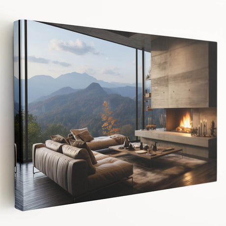 Large, stretched canvas print featuring a modern kitchen interior design in neutral tones, ideal for kitchen wall art.