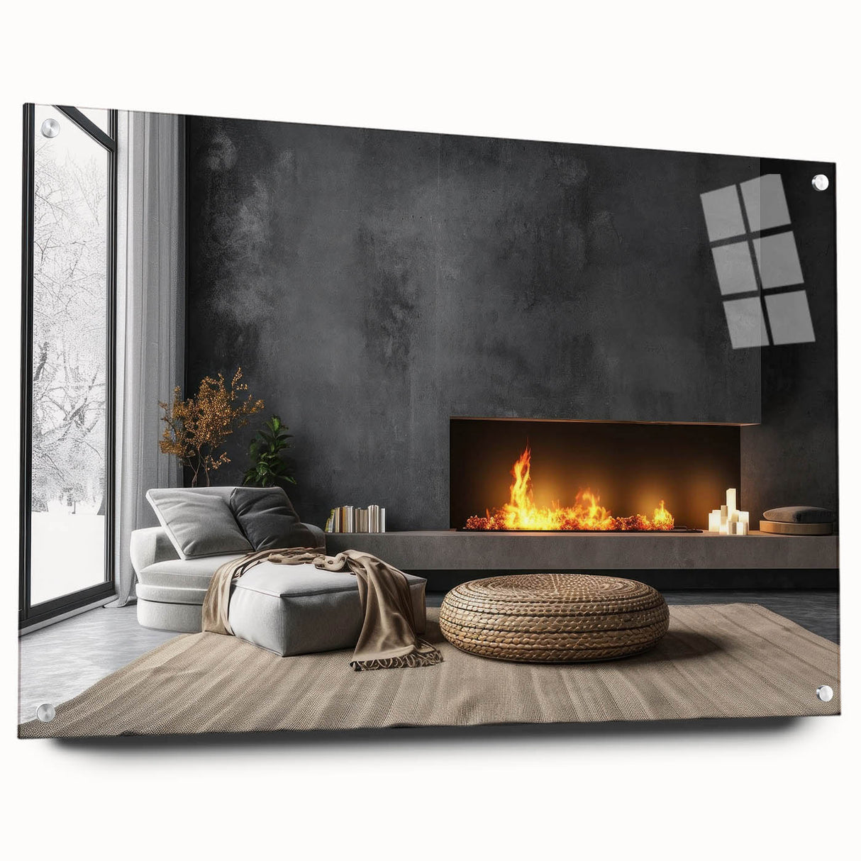 Large abstract wall art on acrylic glass featuring swirling blue and gray tones.