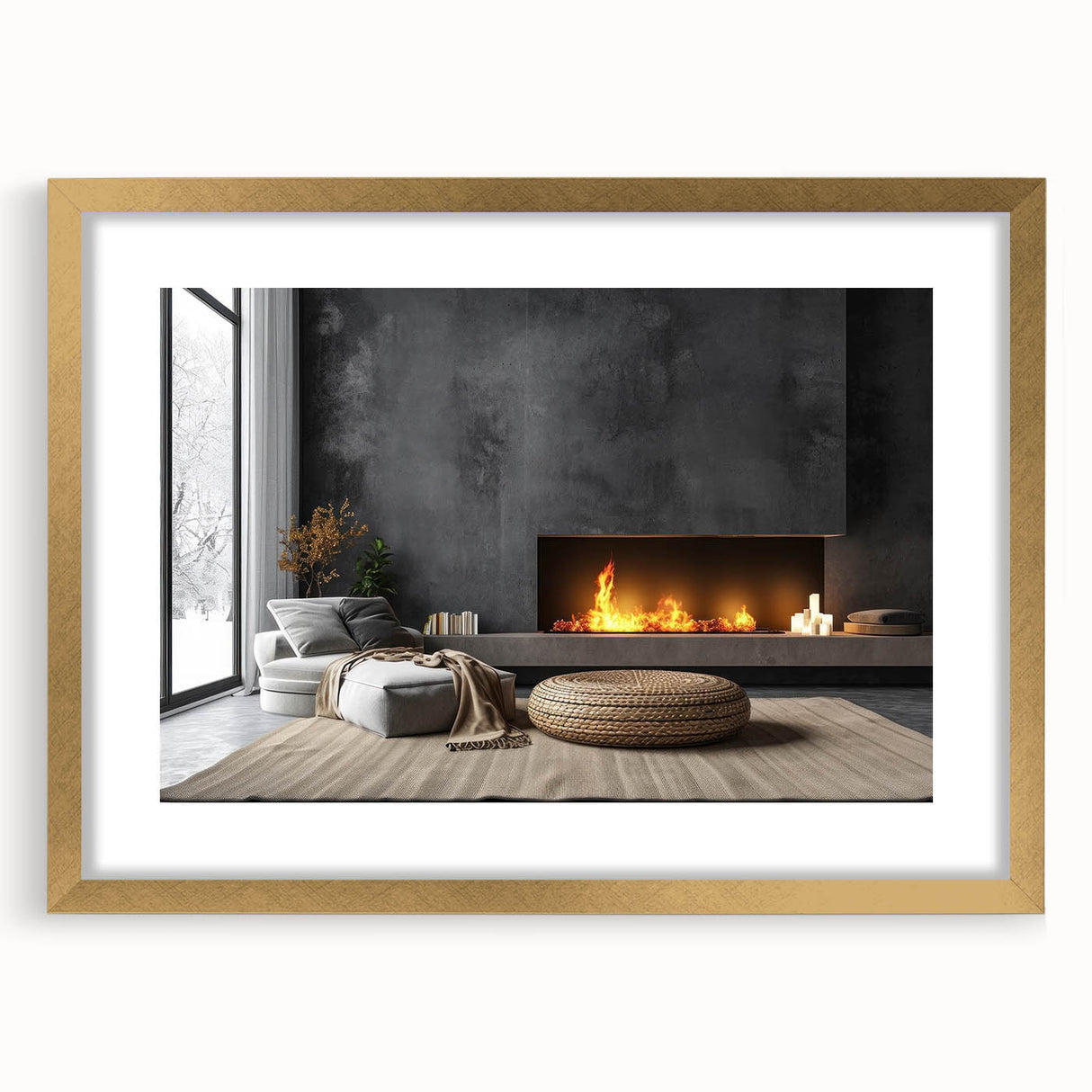 Extra large textured abstract art print in muted gold and beige tones, framed with a golden mat, ideal for living room decor.