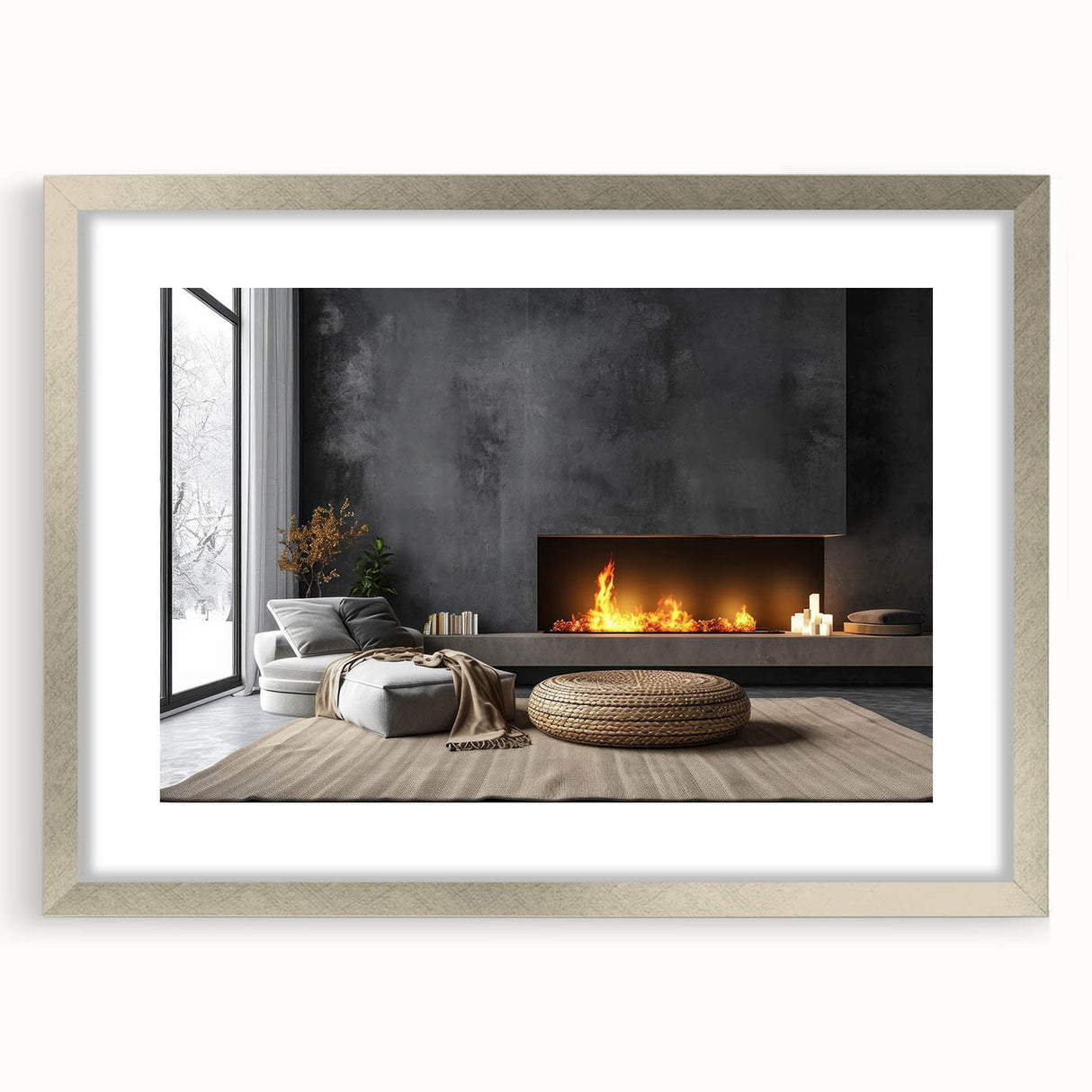 Textured abstract art print in muted gray, framed in silver, ideal for modern bedroom ambiance.