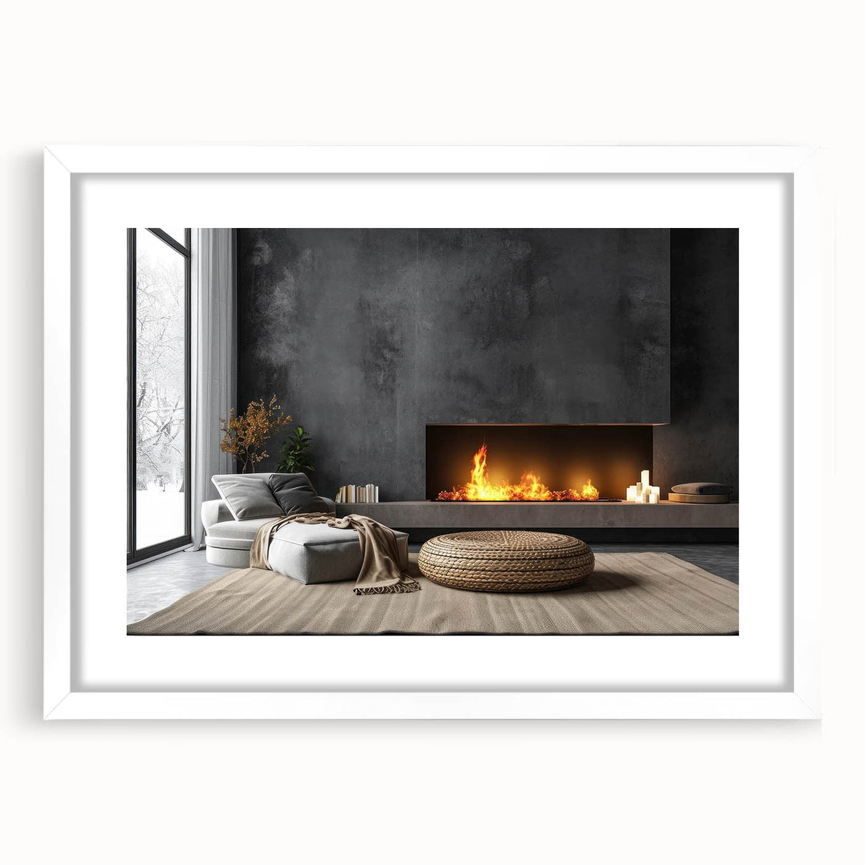 Abstract art print featuring swirling blue and grey shapes on a white framed canvas.