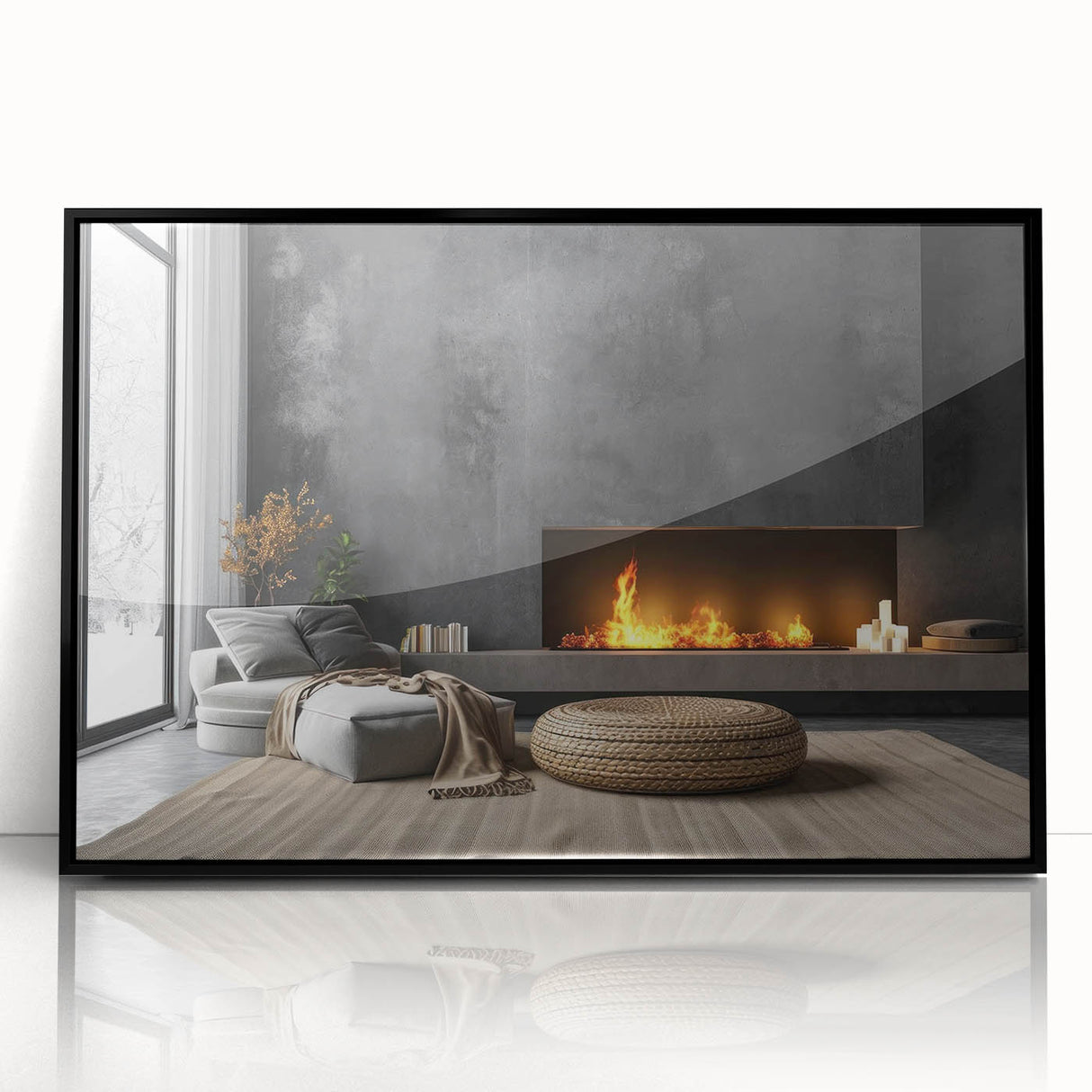 Large abstract wall art featuring geometric shapes in muted earth tones on a framed acrylic.