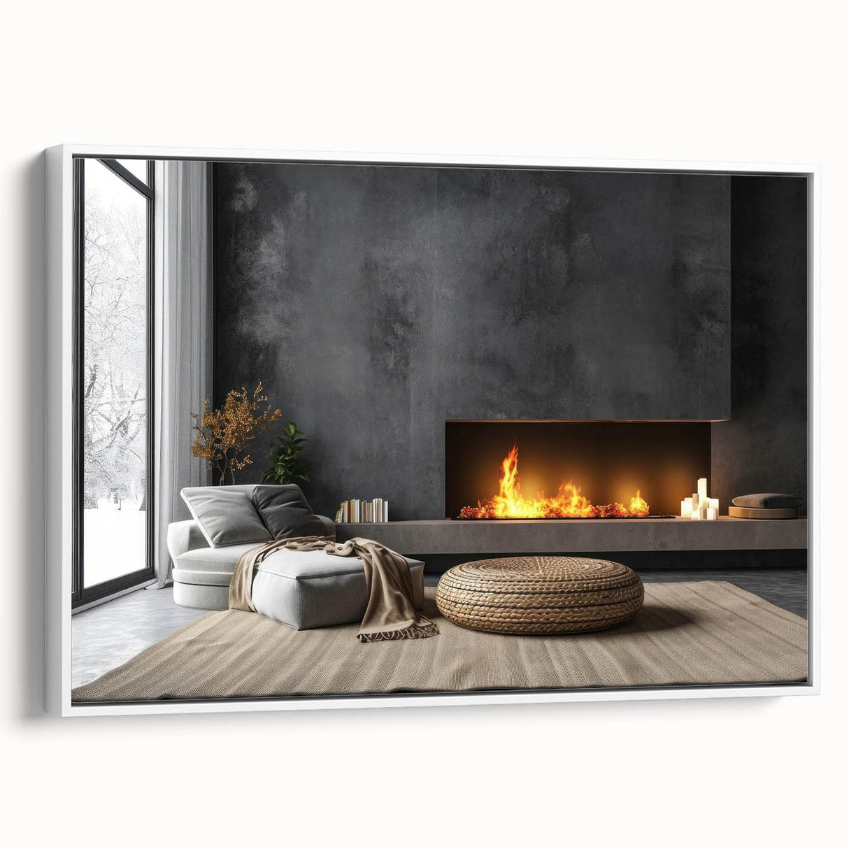 Vintage poster art of colorful architectural designs on a large framed canvas, suited for living room decor.