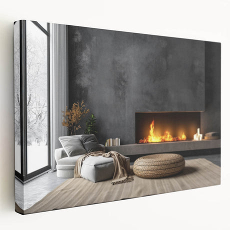 Side view of a large stretched canvas featuring a minimalist architectural design in monochrome tones.