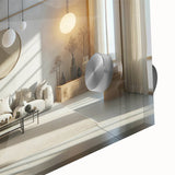 Large abstract wall art in mid-century modernist style with vibrant hues on acrylic glass, ideal for dining room decor.