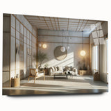 Large abstract wall art in blue and gray tones on acrylic glass, ideal for modern bedroom or dining room decor.