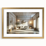 Extra large abstract art print in textured gold frame, featuring swirling gray and cream patterns.