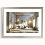Textured abstract art print in silver frame, featuring dynamic swirls in neutral tones, ideal for bedroom decor.