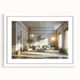 Abstract art print featuring geometric shapes in muted gray and blue tones on a framed canvas.