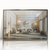 Large art print of a mid-century modernist architecture in gold and black tones, acrylic framed.