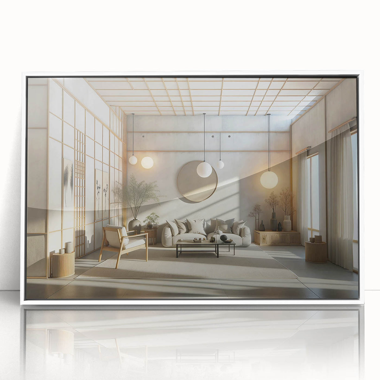 Art deco poster featuring geometric patterns in black and gold on a white acrylic frame.