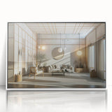 Art deco poster featuring geometric patterns in black and gold on a white acrylic frame.