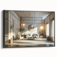 Black and white framed canvas featuring a vintage landscape painting, ideal for bedroom wall art.