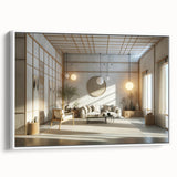 Extra large framed canvas featuring colorful vintage poster art of architectural interiors, ideal for living room decor.