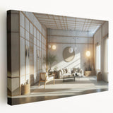 Large stretched canvas featuring a modern kitchen interior design in neutral tones, ideal for kitchen wall art.
