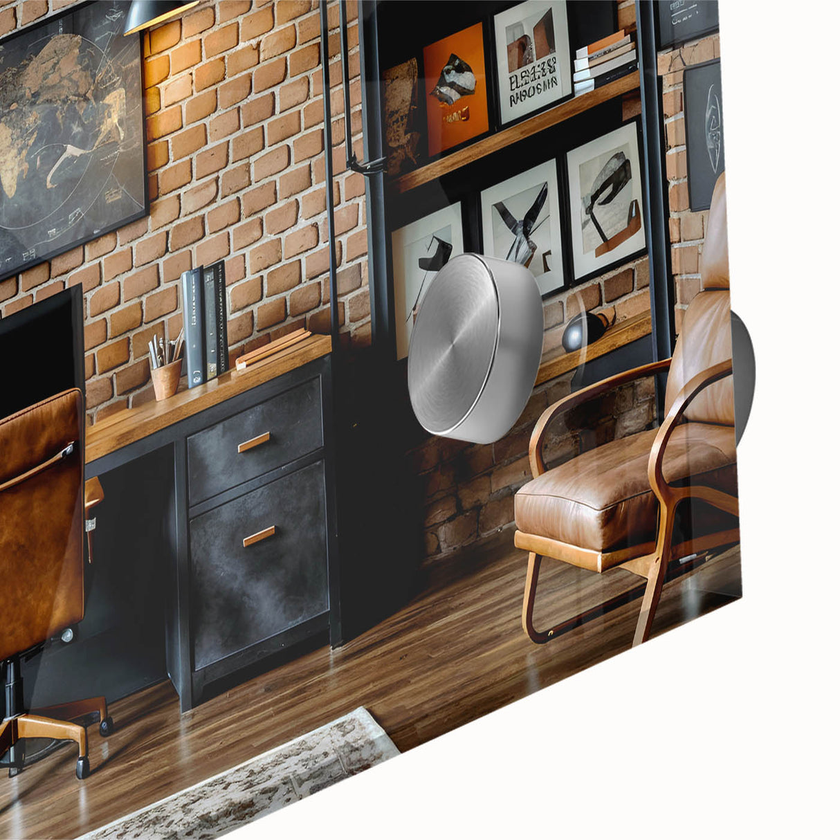 Large abstract wall art in mid-century modernist style on acrylic glass, featuring muted earth tones.