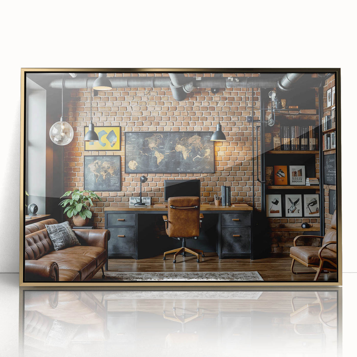 Large art print of a mid-century modernist architecture interior in acrylic, framed in gold, ideal for modern art wall decor.