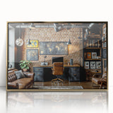 Large art print of a mid-century modernist architecture interior in acrylic, framed in gold, ideal for modern art wall decor.