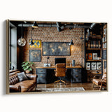 Framed canvas featuring a vintage poster art landscape in black and gold tones, ideal for bedroom ambiance.