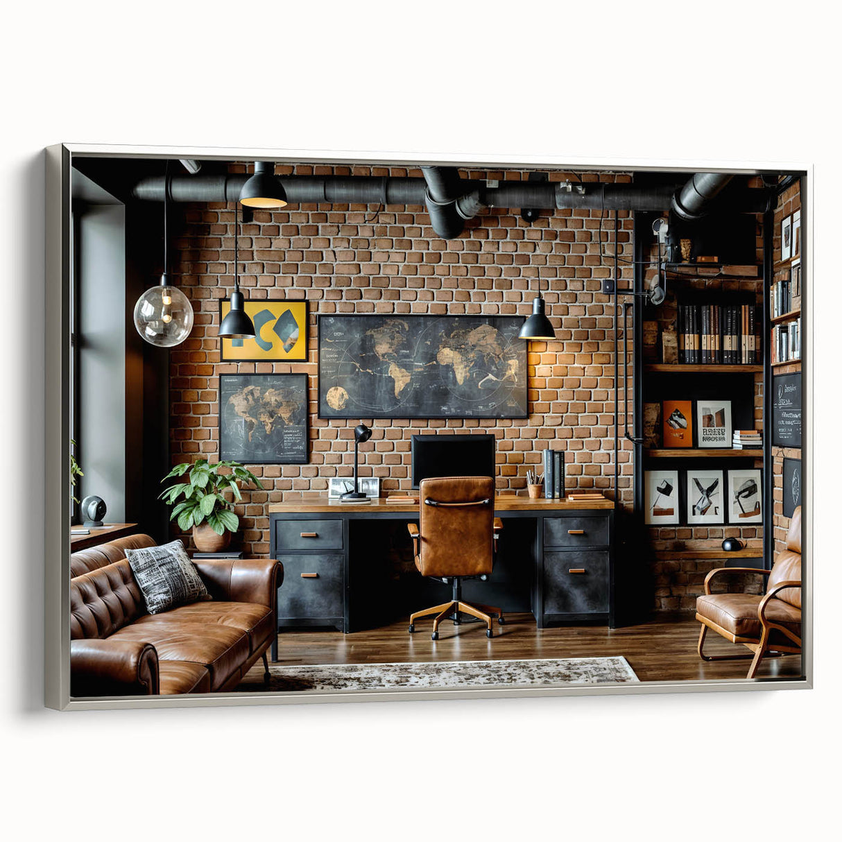 Landscape art painting featuring a vintage poster design on a silver-framed canvas.