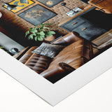 Art deco poster of a geometric skyline in muted gold and blue tones on rolled canvas, suitable for dining room wall art.