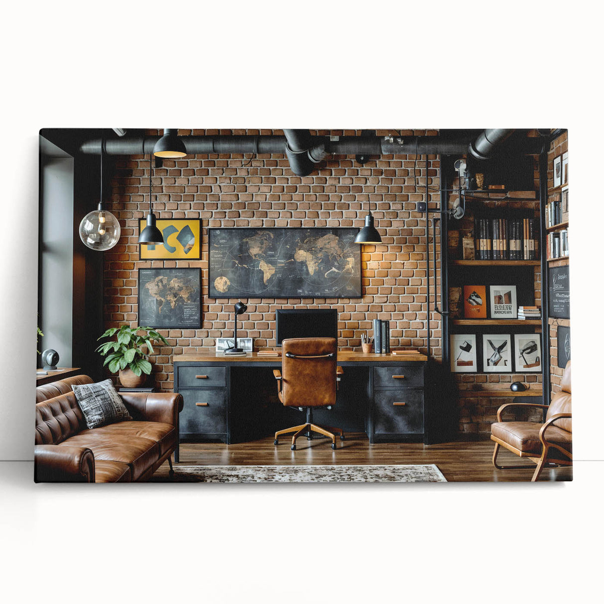 Large black and white photo of an intricate architectural design on stretched canvas.