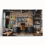 Large black and white photo of an intricate architectural design on stretched canvas.