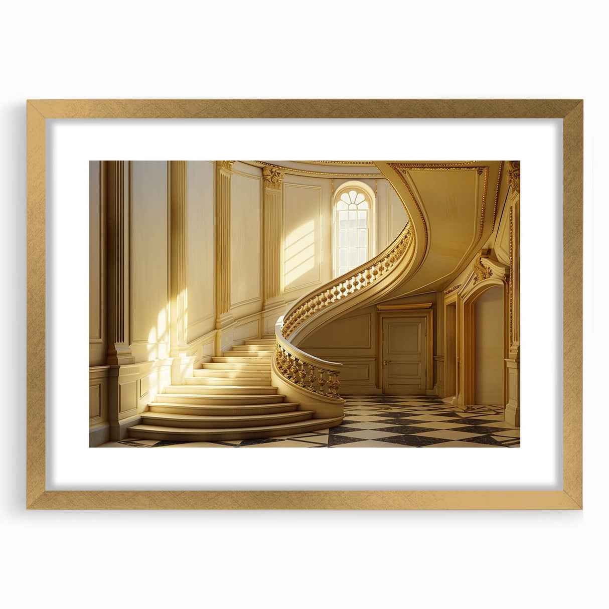 Extra large abstract art print featuring textured swirls in muted gold and cream, framed in gold.