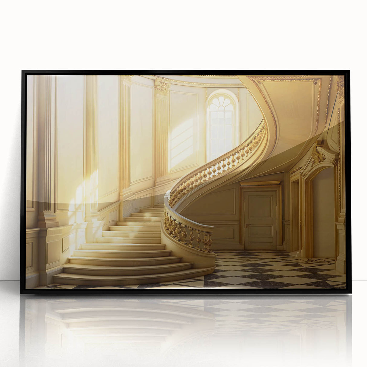 Large abstract wall art on acrylic, featuring dynamic black and white shapes, mid-century modernist style.