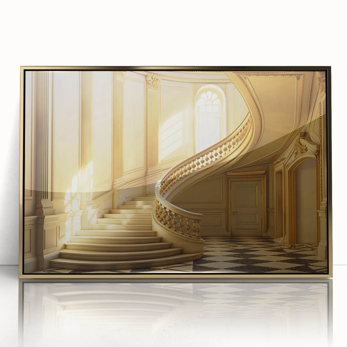 Large art print of a mid-century modernist building in gold and teal hues, acrylic framed.