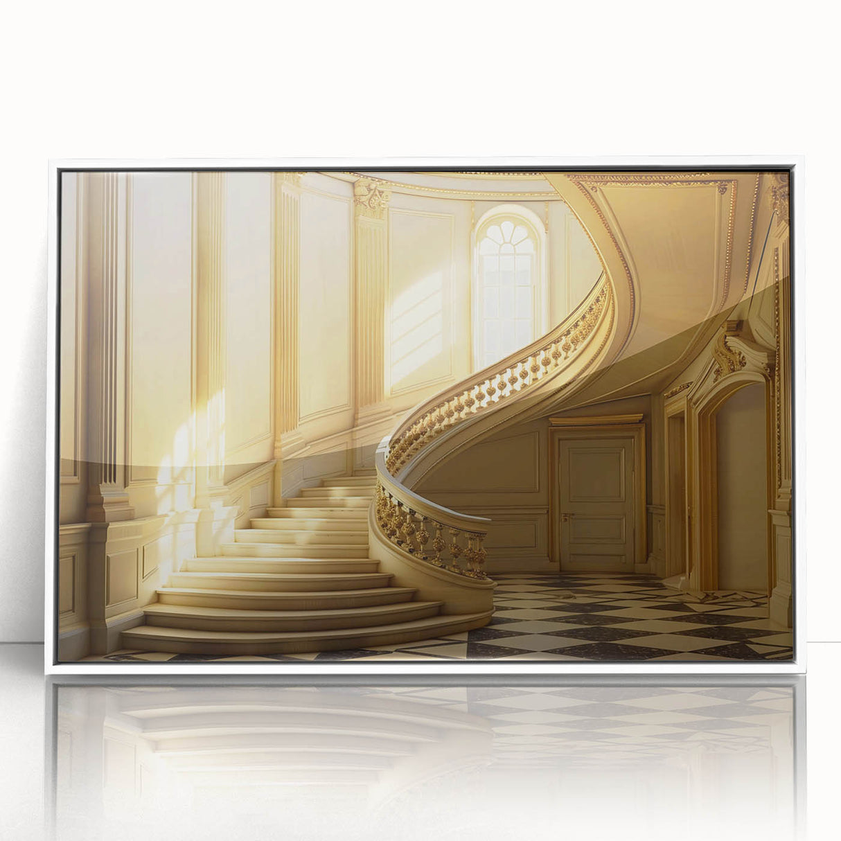 Art deco poster of geometric patterns in black and gold on a white acrylic framed canvas.