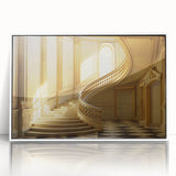 Art deco poster of geometric patterns in black and gold on a white acrylic framed canvas.