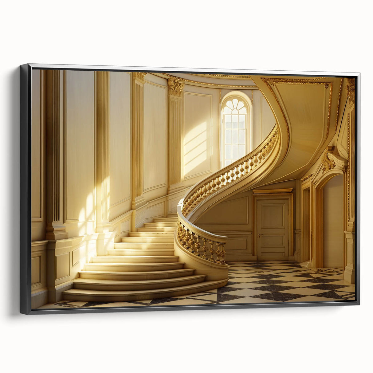 Black and white framed canvas featuring a vintage landscape painting, ideal for bedroom wall art.