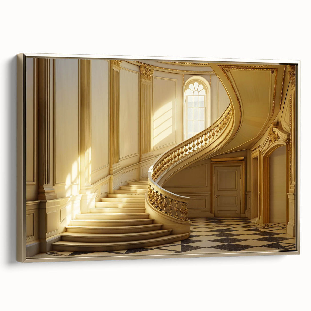 Framed canvas depicting a vintage landscape painting with muted gold and black tones, ideal for bedroom wall decor.