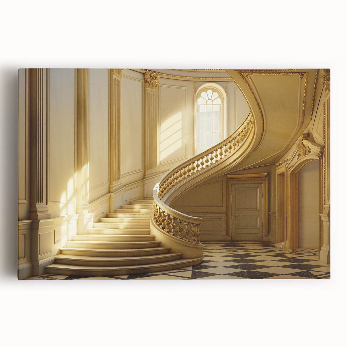 Large black and white photo of an architectural design on stretched canvas, ideal for kitchen wall art.