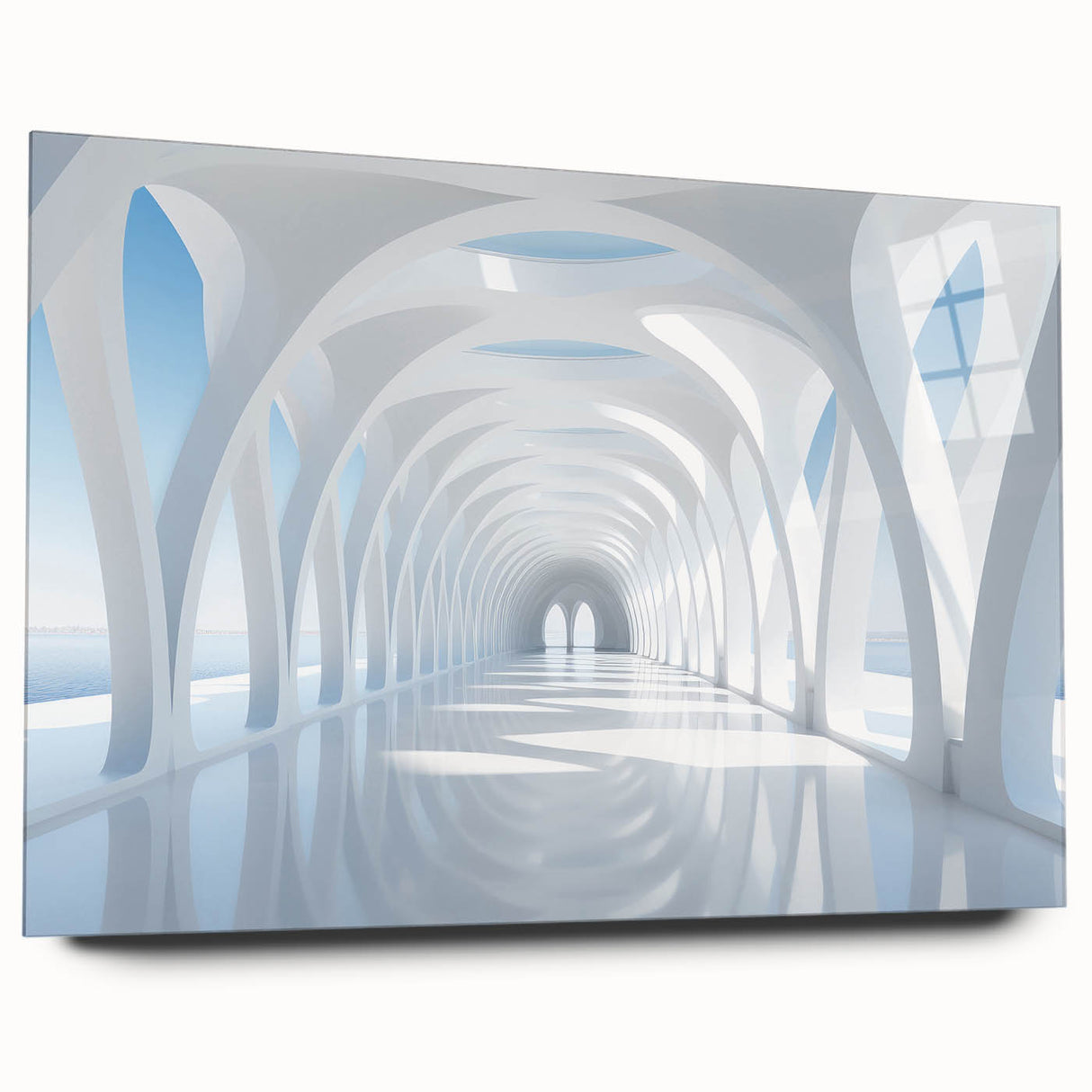 Large abstract wall art on acrylic glass, featuring swirling blue and gray tones, ideal for bedroom or dining room decor.