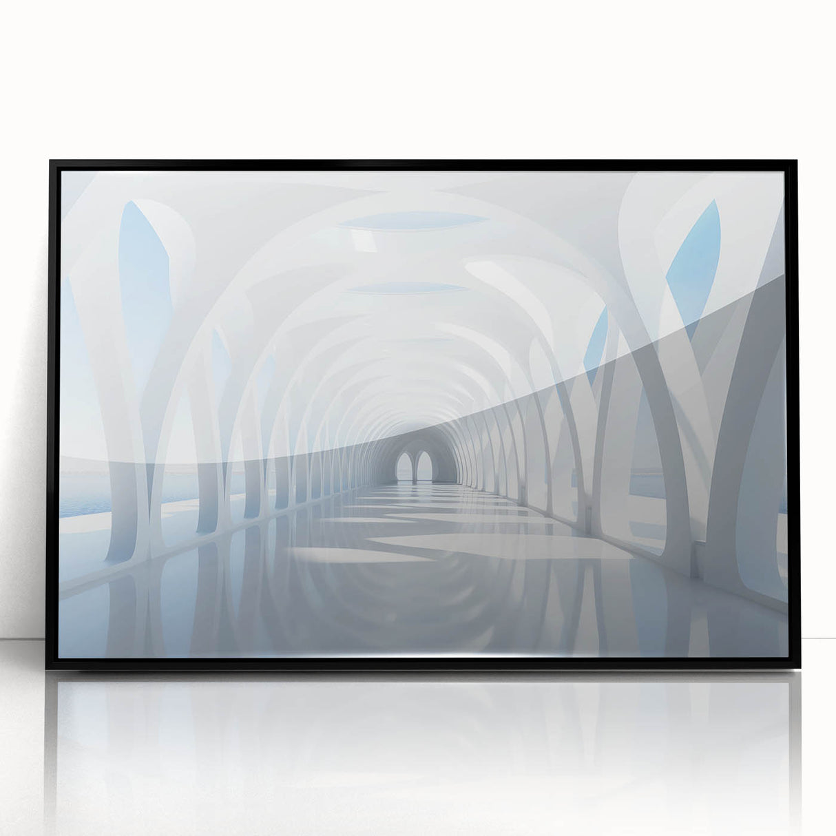 Large abstract wall art featuring geometric shapes in black and white, framed in black acrylic.