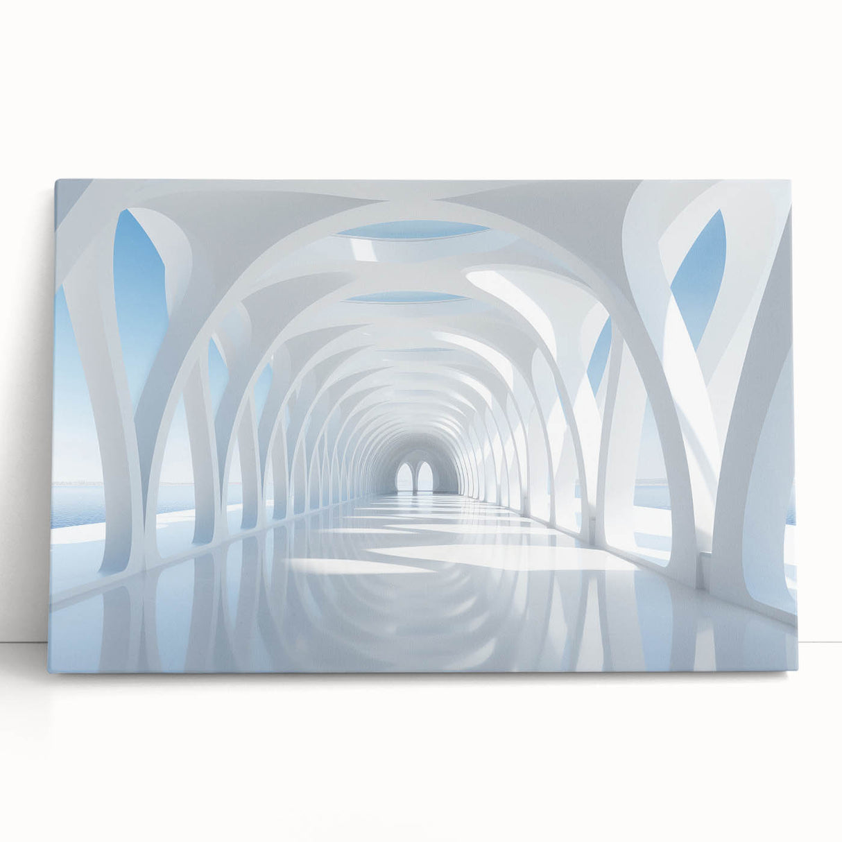 Large black and white photo of an architectural interior on stretched canvas, ideal for kitchen wall art or bedroom ambiance.