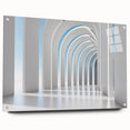 Large abstract wall art in muted gray and blue tones on acrylic glass, suitable for a modern dining room setting.