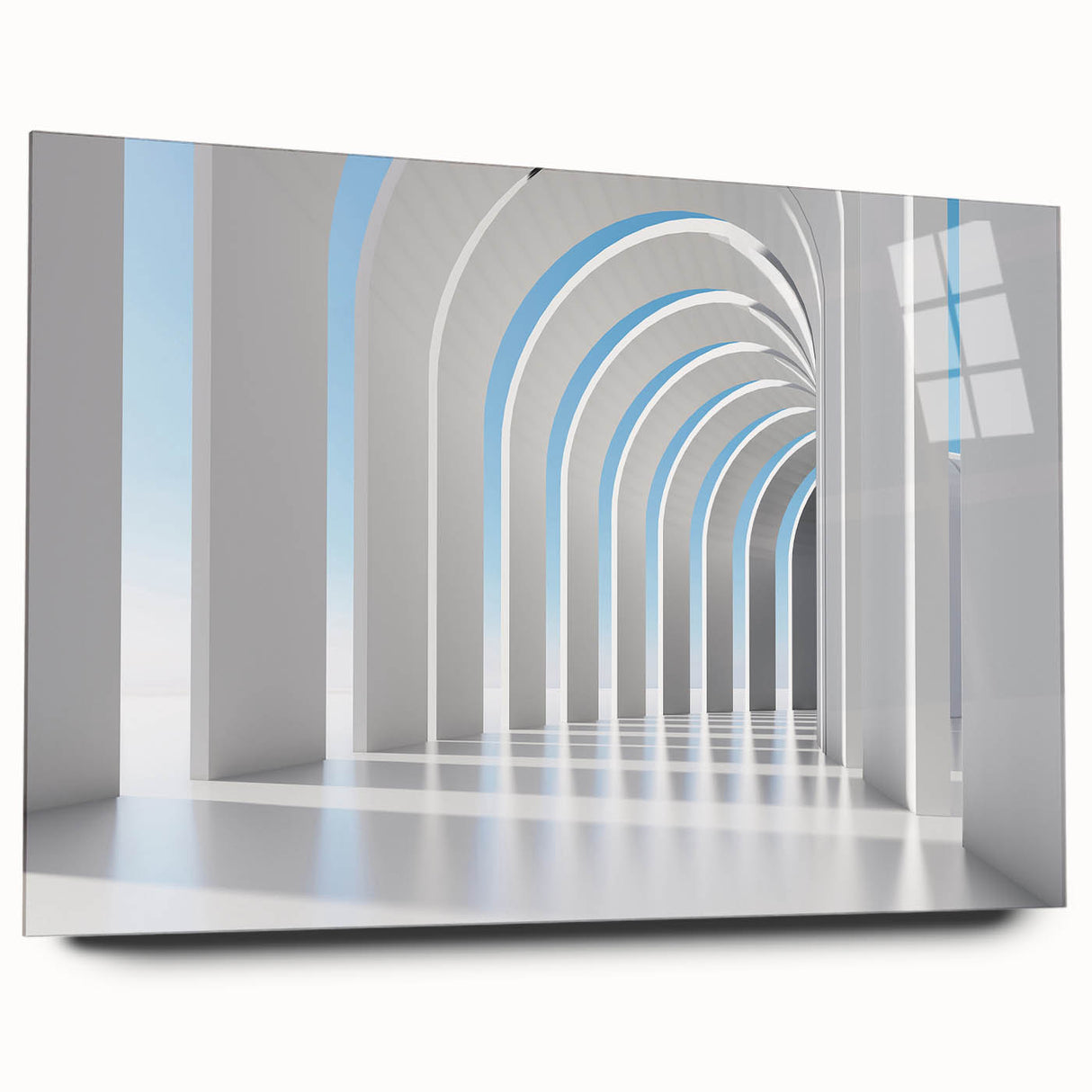 Large abstract wall art on acrylic glass, featuring swirling blue and gray tones, ideal for bedroom or dining room decor.