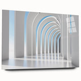 Large abstract wall art on acrylic glass, featuring swirling blue and gray tones, ideal for bedroom or dining room decor.