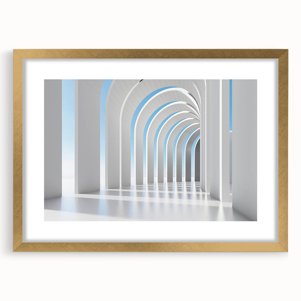 Extra large abstract art print with textured surface in muted gray and gold, framed in gold, ideal for living room decor.