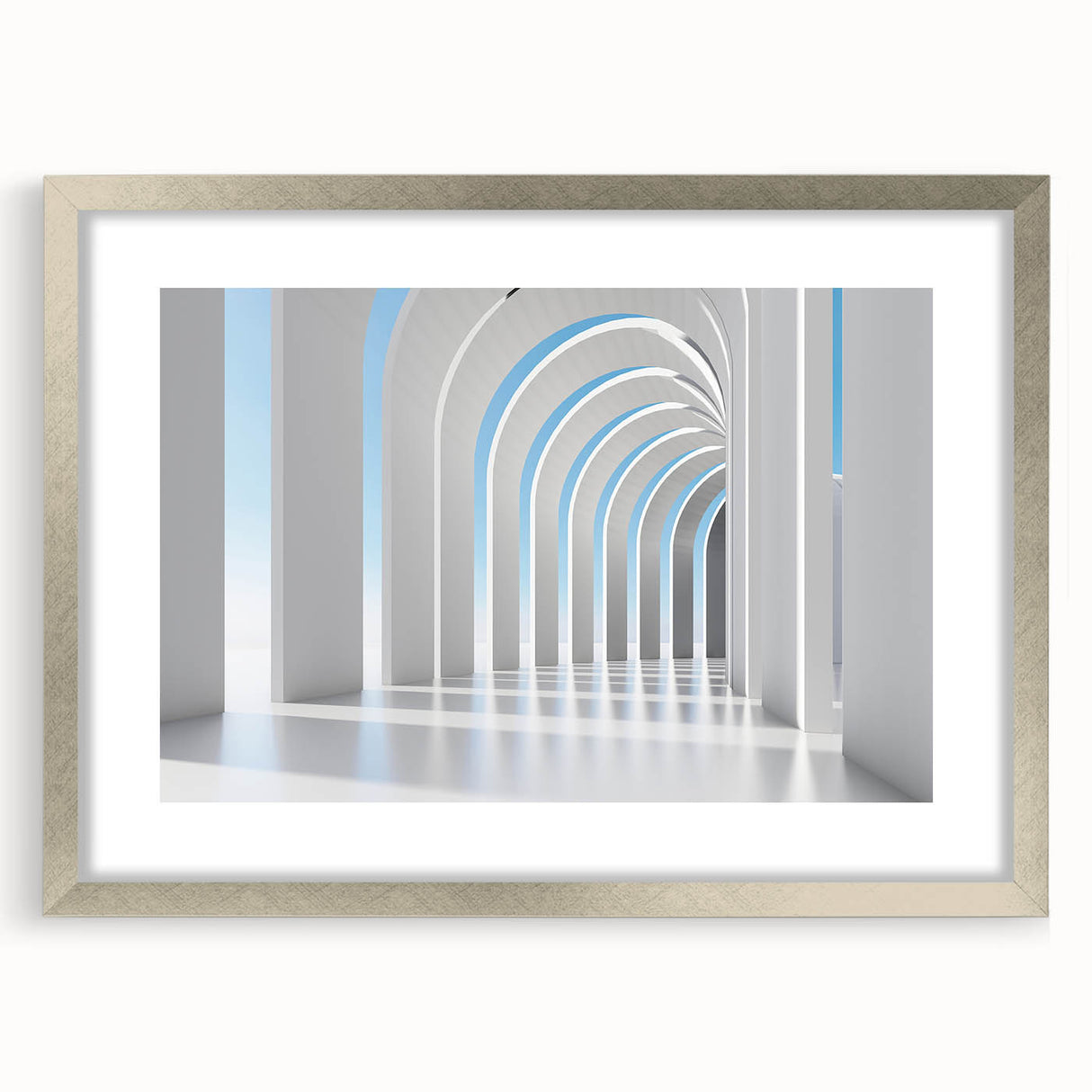 Textured abstract art print in muted gray and silver, framed with a mat, ideal for modern bedroom ambiance.