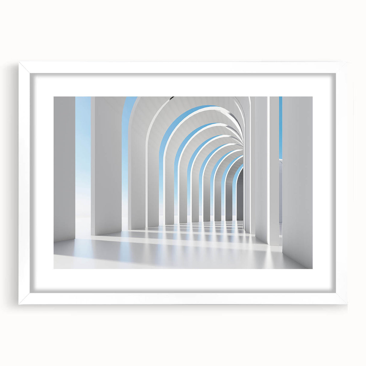 Abstract art print featuring swirls of blue and gray on a white framed canvas, suitable for dining room or bedroom decor.