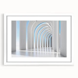 Abstract art print featuring swirls of blue and gray on a white framed canvas, suitable for dining room or bedroom decor.