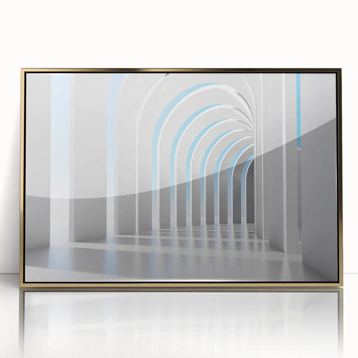 Large art print of a mid-century modernist cityscape in muted gold and gray tones on acrylic.